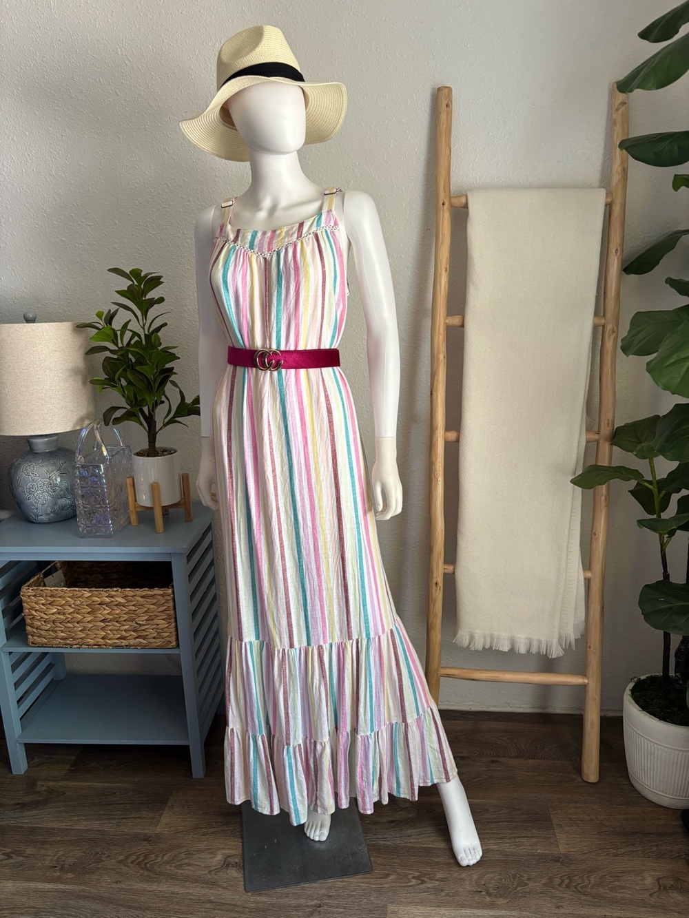 Striped Pastel Summer Maxi Dress - Pink